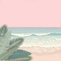 Palm trees in front of ocean waves crashing on shore with pink sky.