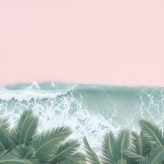 Palm trees in front of ocean waves crashing on shore with pink sky.