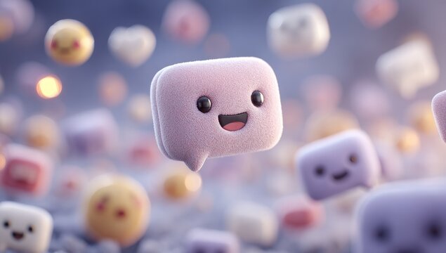 A smiling pink speech bubble floats among many pastel, fuzzy 3D emoji and message icons - Powered by Adobe