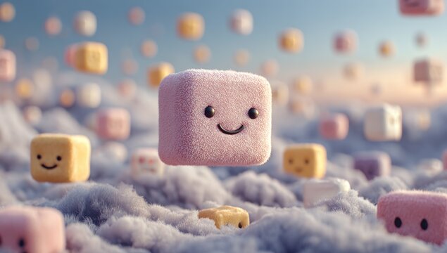 Fluffy, pastel cube characters with smiley faces float and rest on soft clouds in a whimsical sky
