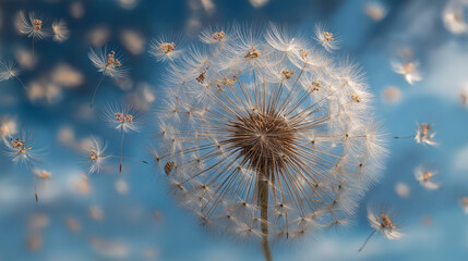  Macro photography of delicate dandelion seed head dispersing fluffy seeds into blue sky