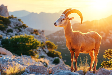 Majestic Ibex Standing on Rocky Mountain Summit at Golden Hour