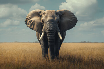 Fototapeta premium Majestic Elephant Walks Through Golden Savanna Under Cloudy Sky