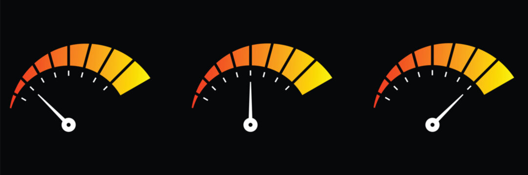 Three speedometers with orange and yellow gauges showing low to high performance