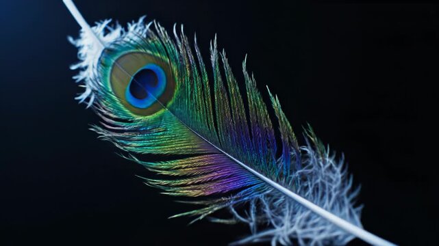 Closeup of a colorful peacock feather on a dark background