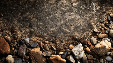 Close-up view of rough textured rock surface with scattered pebbles, showing natural earth tones