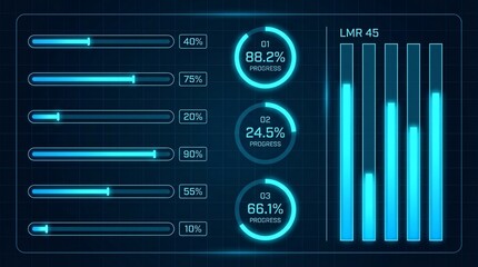 Futuristic data dashboard with progress bars and charts
