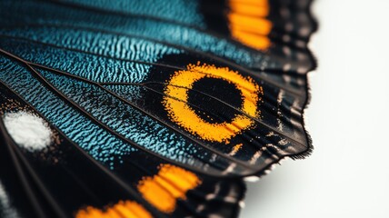 Close-up of butterfly wing showcasing vibrant blue and orange patterns  