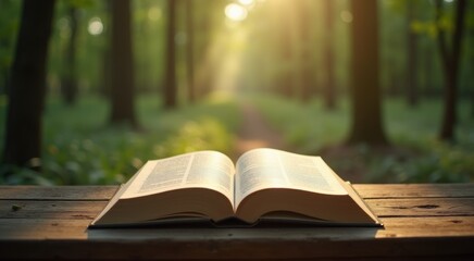 An open book sitting on a wooden table in a forest