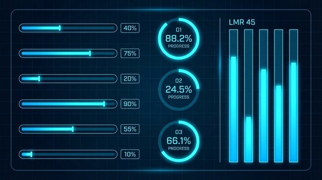 Futuristic data dashboard with progress bars and charts - Powered by Adobe