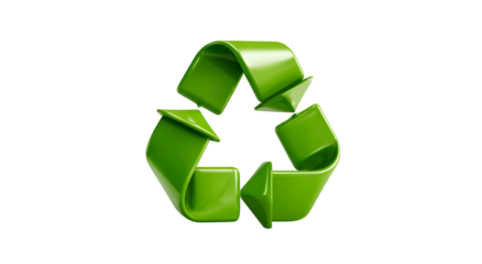 Glossy, green, 3D recycling symbol against a black background