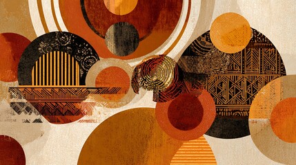 Artistic digital collage with abstract circles, textures, and patterns in warm earth tones