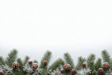 Frosted pine needles and fir branches on white copy space
