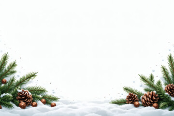 Snow covered fir and pine bottom frame on white