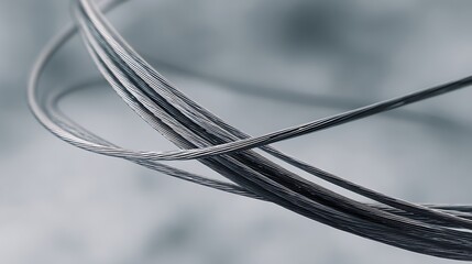 Close-up of metallic cables, exhibiting curvature and texture against a blurred background