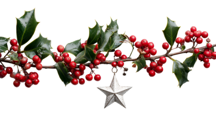Festive image of holly branch with red berries and silver star ornament, black backdrop