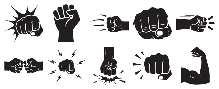 Hand gesture silhouette vector set showing fist punch power and strength symbols for action concepts