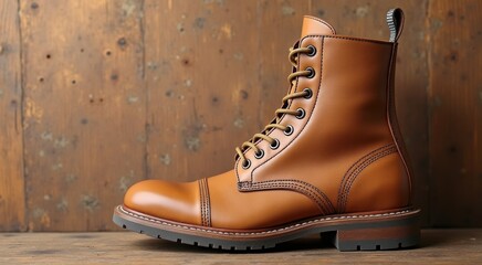 A close up of a pair of brown boots on a wooden surface sale discount concept