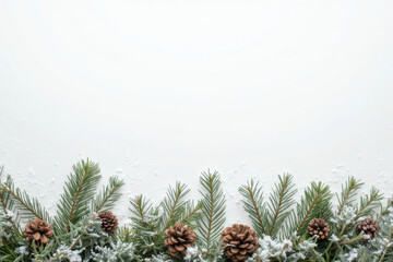 Winter fir foliage strip at bottom on white