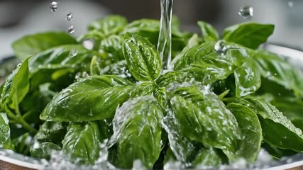 Fresh green basil leaves being meticulously washed under a stream of clear running water creating refreshing splashes and droplets highlighting the vibrant color and natural texture of the herb perfe.