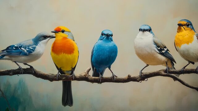 Beautiful birds wagtail, mourning dove, robin, blue jay, sparrow, A vibrant painting depicting five colorful birds