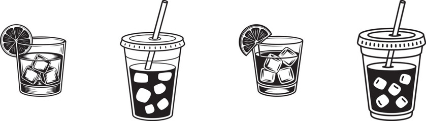 iced drink cup icons black and white minimal beverage illustration set