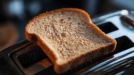 A single slice of toasted bread in a chrome toaster, ready for breakfast