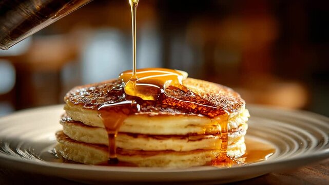 Syrup being poured over a stack of pancakes on a plate