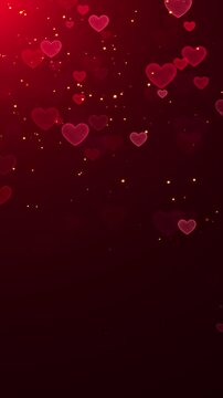 valentines day neon hearts and golden lights on red corner animation, shiny glowing love and passion 14 February and anniversary vertical social media motion background
