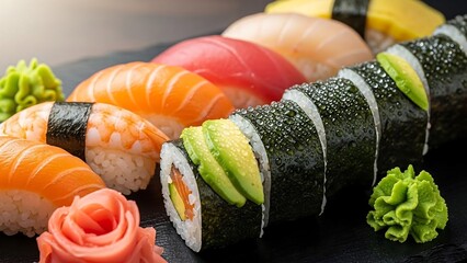 Delicious sushi rolls and nigiri on a black plate