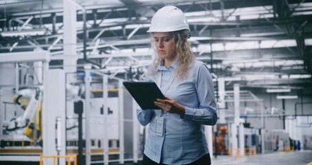 Focused Female Engineer Wearing Safety Helmet Reviews Operational Data on Digital Tablet Inside High Tech Manufacturing Facility. Concept of Digital Transformation, Modern Industrial Workforce.