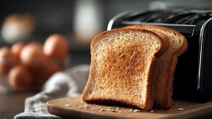 Close-up of toast in front of a toaster with eggs in the background on a wooden cutting board