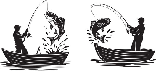 fisherman catching jumping fish silhouette black and white vector illustration
