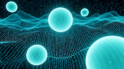 Abstract Digital Landscape with Glowing Spheres floating isolated on a transparent background