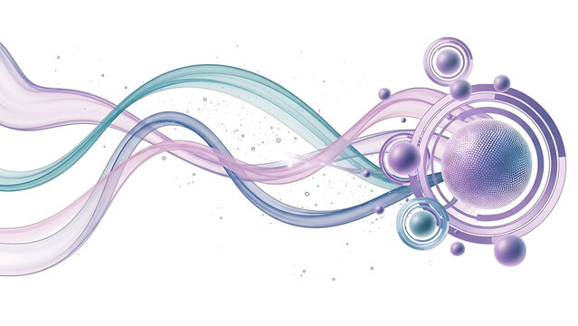 Abstract flowing ribbons and spheres in purple and teal isolated on a transparent background - Powered by Adobe