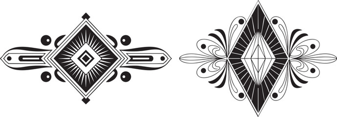 symmetrical abstract diamond ornamental black and white vector illustration