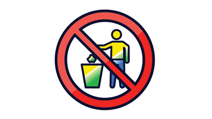 Graphic illustration of a brightly colored stylized prohibition sign overlaying a figure disposing of trash into a container indicating no littering is permitted anywhere