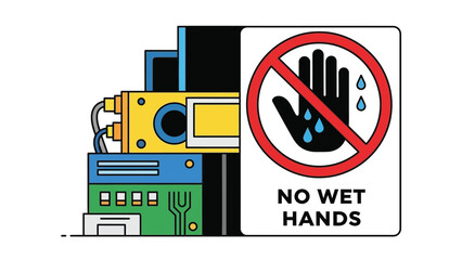 Industrial warning sign explicitly prohibiting contact with machinery or electronic equipment when hands are wet for safety compliance