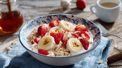 A healthy breakfast of granola, yogurt, strawberries, banana, and a cup of coffee