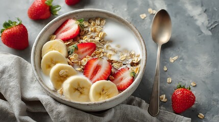 Breakfast bowl with yogurt, granola, sliced strawberries, and bananas, plus spoon
