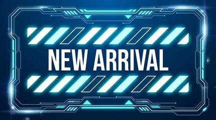 Modern neon new arrival sign with futuristic design elements