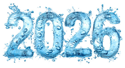 Transparent blue water forms the year 2026, with bubbles and splashes