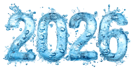 Transparent blue water forms the year 2026, with bubbles and splashes