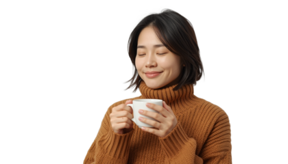 A woman holding a cup of coffee on transparent background
