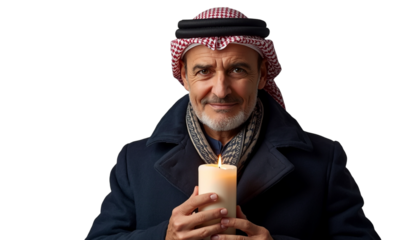 A Middle Eastern man holding a candle on transparent background
