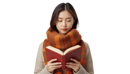 A young woman reading a book on transparent background