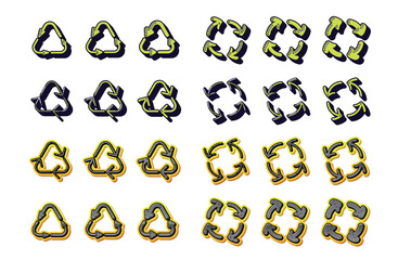 イラスト素材＿メタル風のリサイクルマークセット（三角と丸の矢印のループ記号）