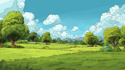 Cartoonish illustration of a grassy meadow with trees, a mountain range, and a cloudy sky