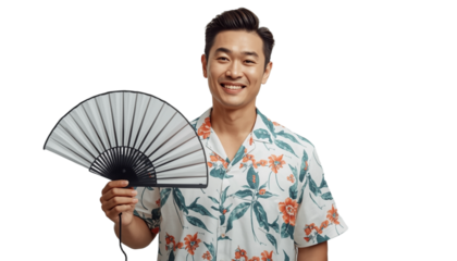 A smiling Asian man holding a fan on transparent background