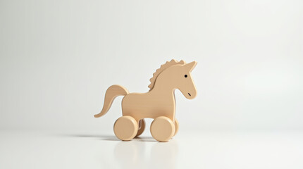 Natural wooden toy horse on wheels isolated on white background, smooth wood texture, soft light and minimal shadows, symbol of childhood, play, simplicity and eco friendly design